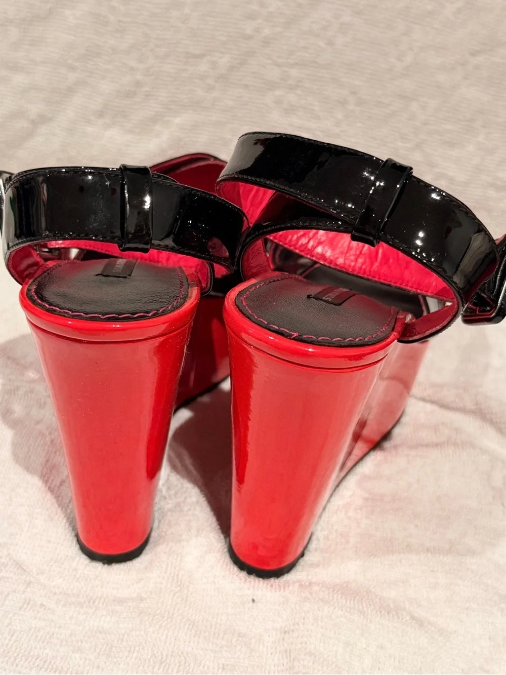 Sonia Rykiel Black Patent Leather Strappy Wedges with Pink Platform